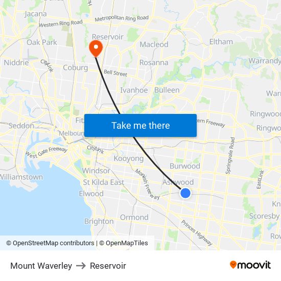 Mount Waverley to Reservoir map