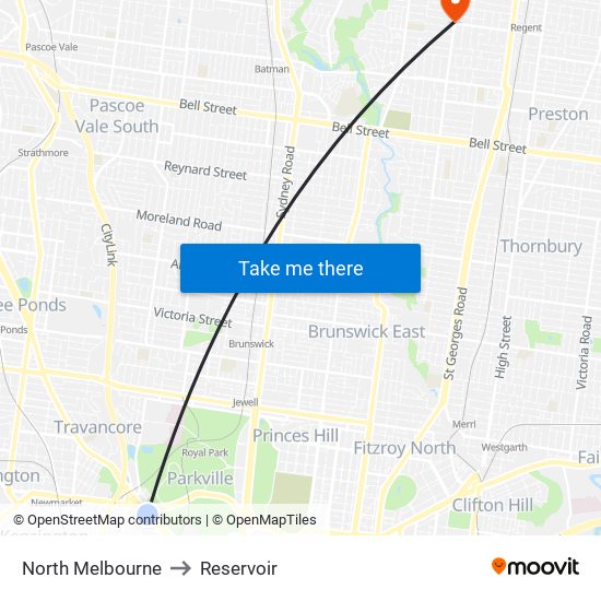 North Melbourne to Reservoir map