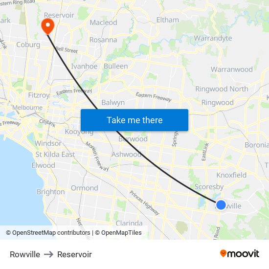 Rowville to Reservoir map