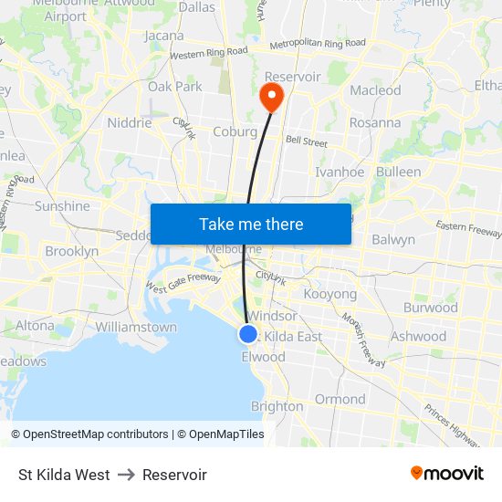 St Kilda West to Reservoir map