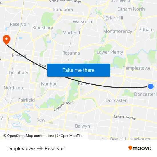 Templestowe to Reservoir map