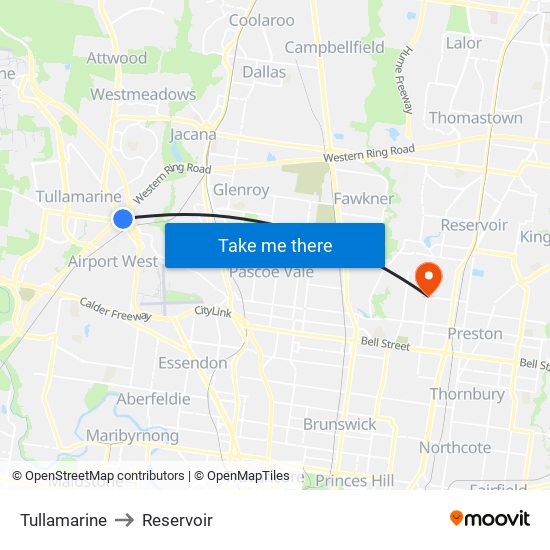 Tullamarine to Reservoir map