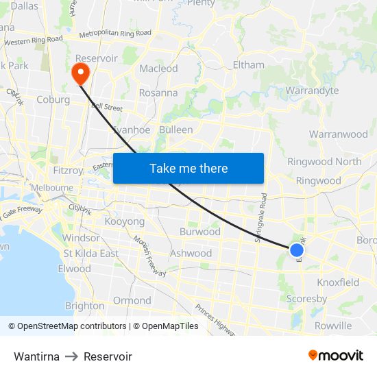 Wantirna to Reservoir map