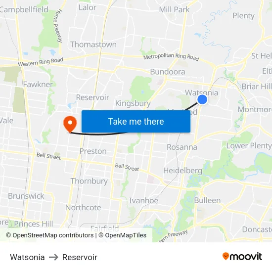 Watsonia to Reservoir map