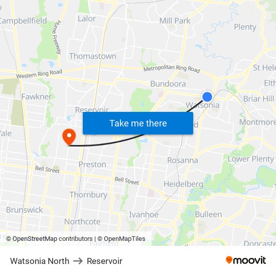 Watsonia North to Reservoir map