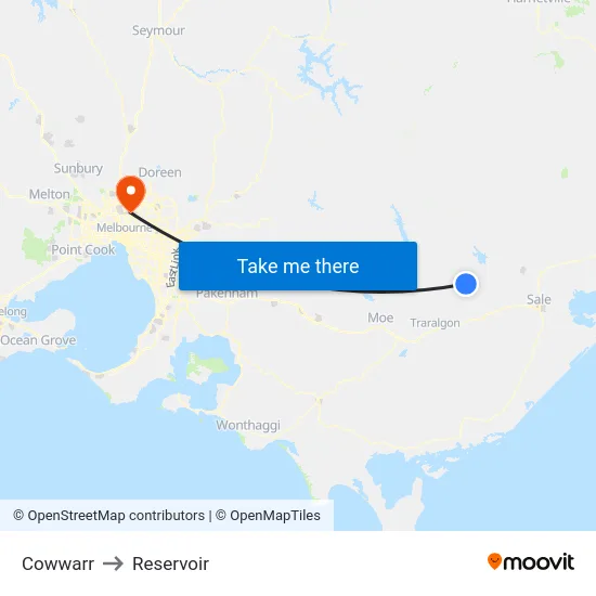 Cowwarr to Reservoir map