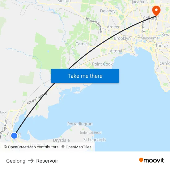 Geelong to Reservoir map