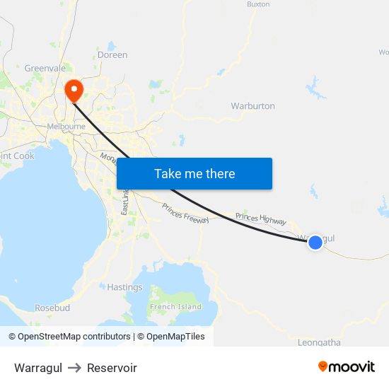 Warragul to Reservoir map