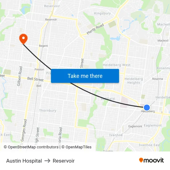 Austin Hospital to Reservoir map