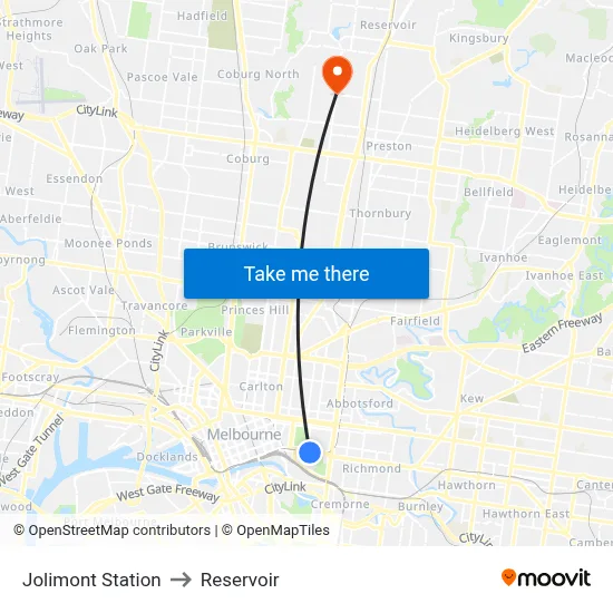 Jolimont Station to Reservoir map