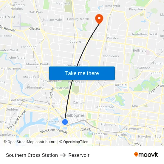 Southern Cross Station to Reservoir map