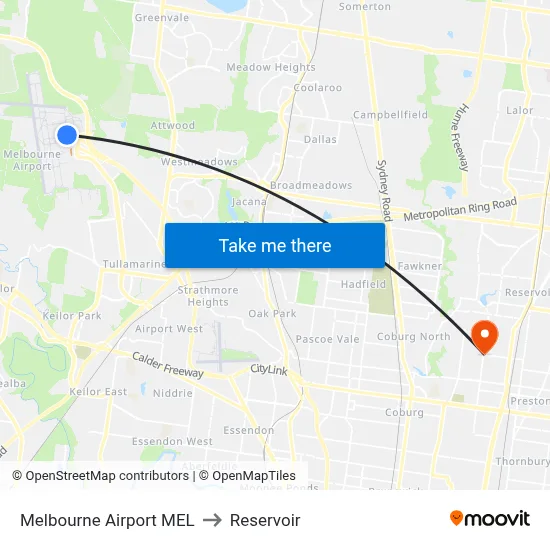 Melbourne Airport MEL to Reservoir map