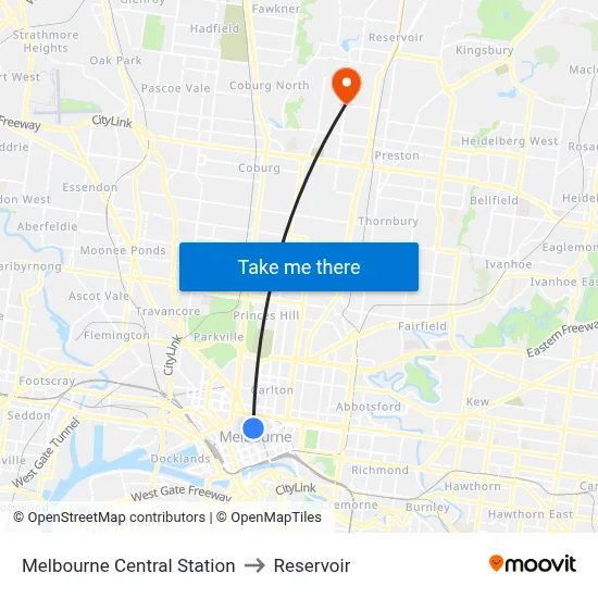 Melbourne Central Station to Reservoir map