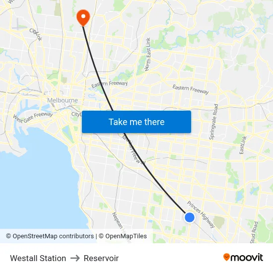 Westall Station to Reservoir map