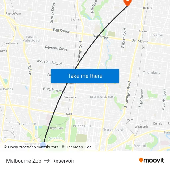 Melbourne Zoo to Reservoir map
