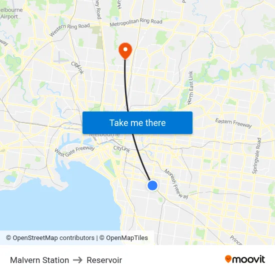 Malvern Station to Reservoir map