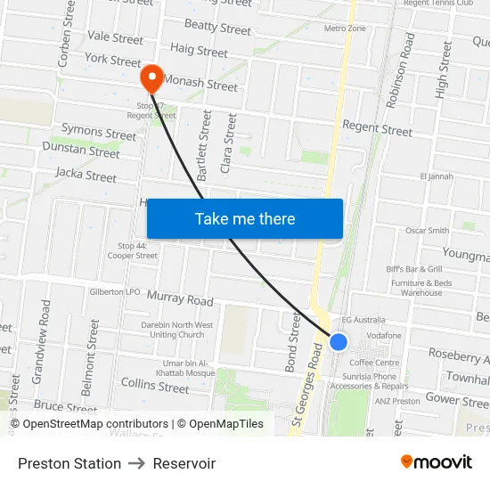 Preston Station to Reservoir map