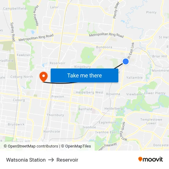 Watsonia Station to Reservoir map