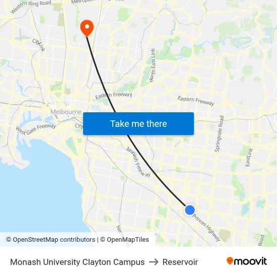 Monash University Clayton Campus to Reservoir map