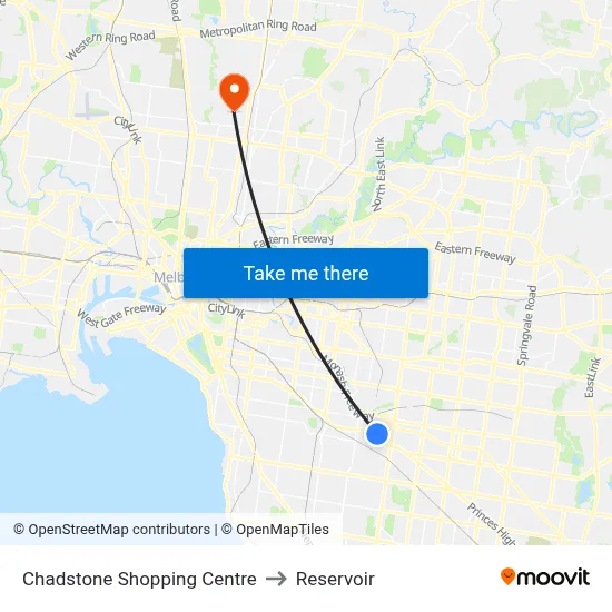 Chadstone Shopping Centre to Reservoir map