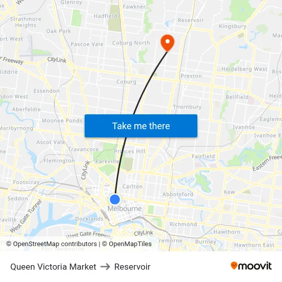 Queen Victoria Market to Reservoir map