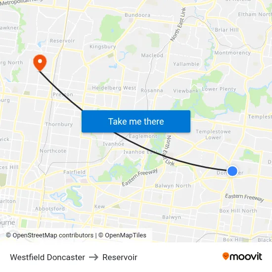 Westfield Doncaster to Reservoir map