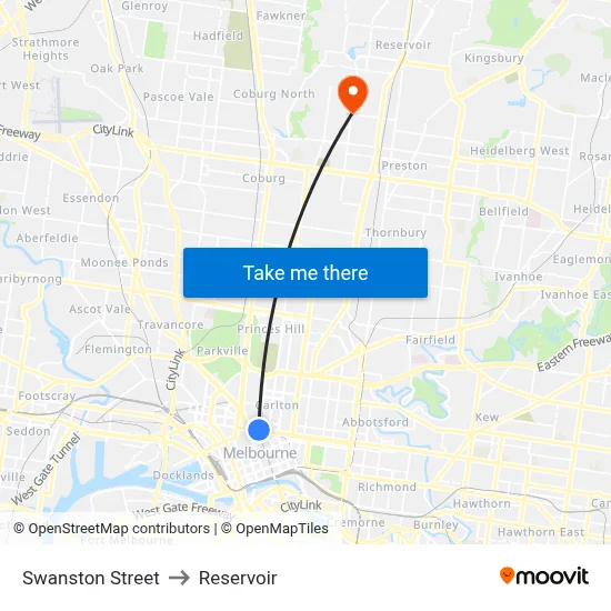 Swanston Street to Reservoir map