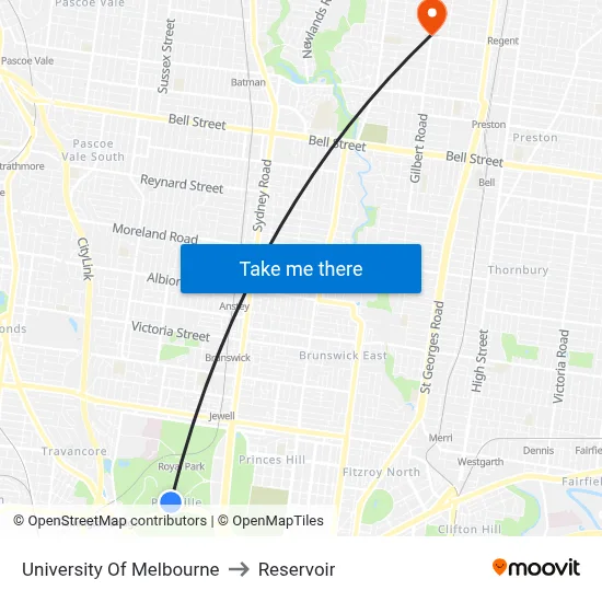 University Of Melbourne to Reservoir map
