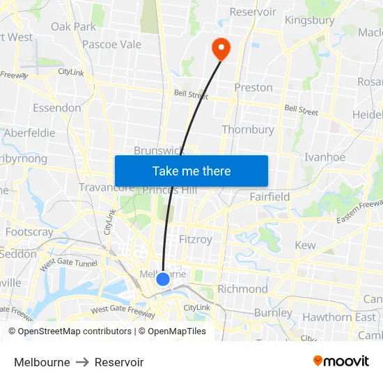 Melbourne to Reservoir map