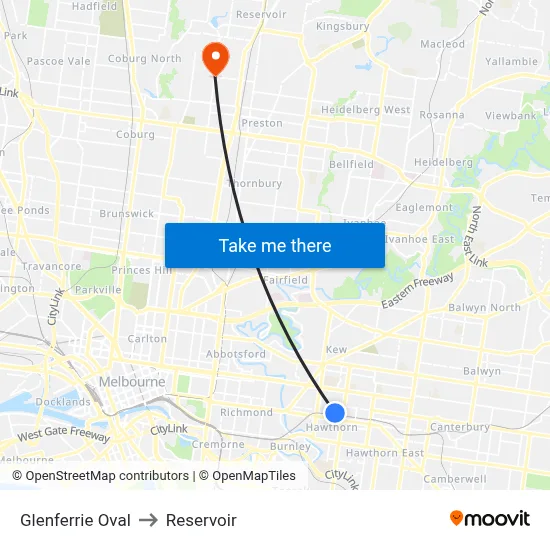 Glenferrie Oval to Reservoir map