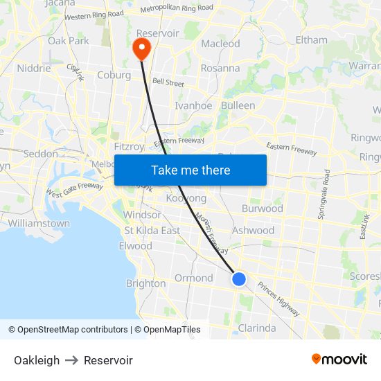 Oakleigh to Reservoir map