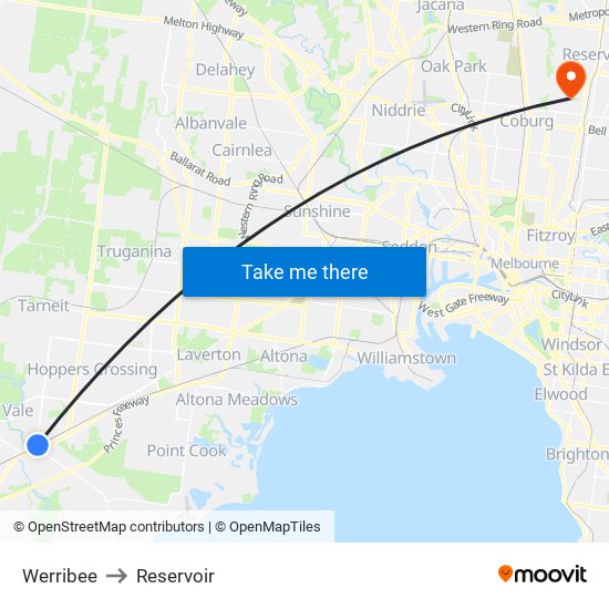 Werribee to Reservoir map
