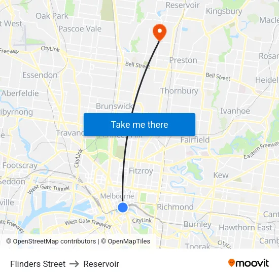Flinders Street to Reservoir map