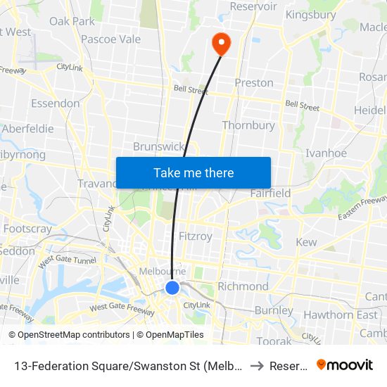 13-Federation Square/Swanston St (Melbourne City) to Reservoir map