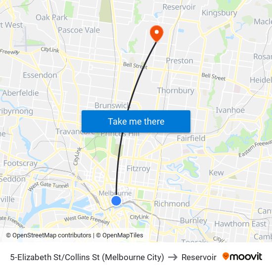 5-Elizabeth St/Collins St (Melbourne City) to Reservoir map