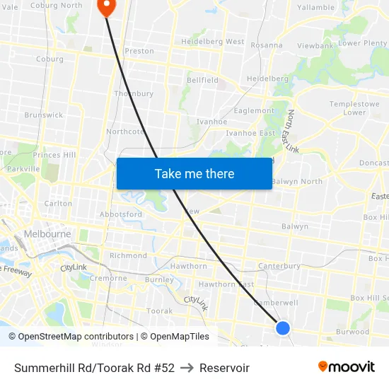 Summerhill Rd/Toorak Rd #52 to Reservoir map