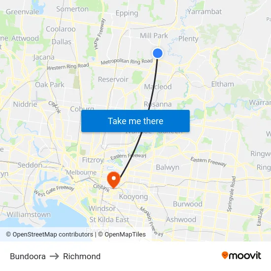 Bundoora to Richmond map