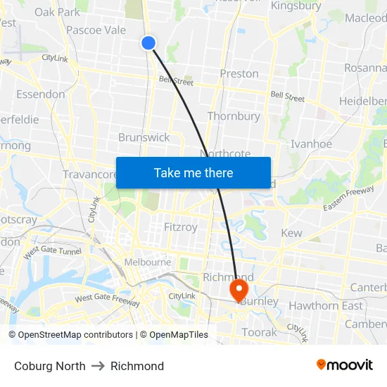 Coburg North to Richmond map