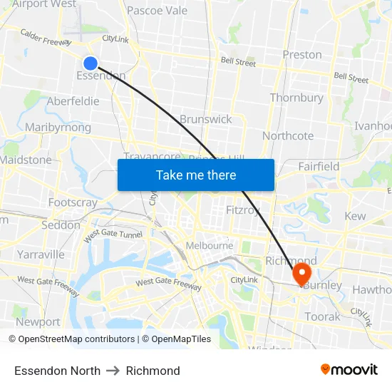 Essendon North to Richmond map