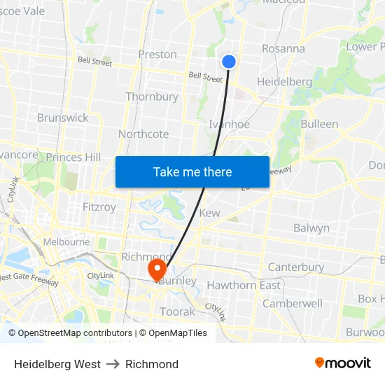 Heidelberg West to Richmond map