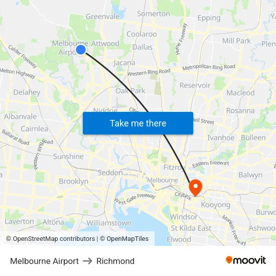 Melbourne Airport to Richmond map