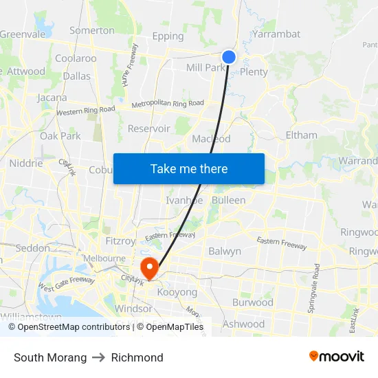 South Morang to Richmond map