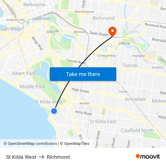 St Kilda West to Richmond map