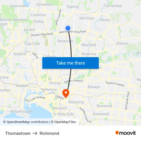 Thomastown to Richmond map