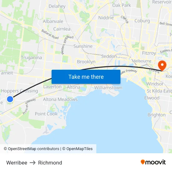 Werribee to Richmond map