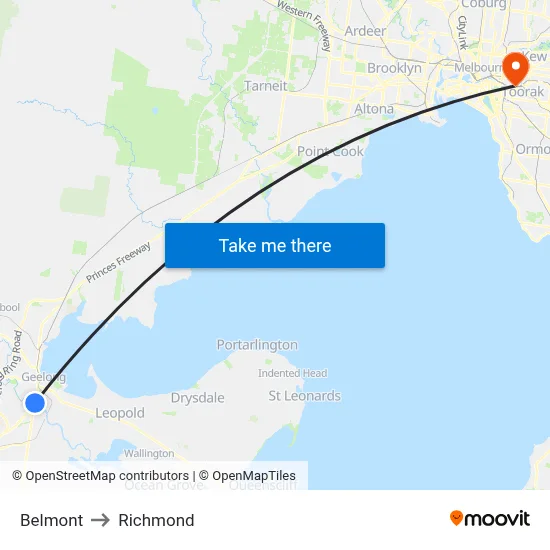 Belmont to Richmond map