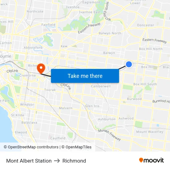 Mont Albert Station to Richmond map