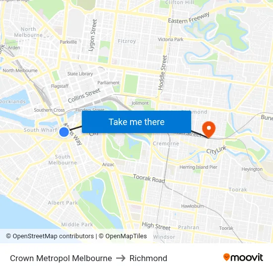 Crown Metropol Melbourne to Richmond map