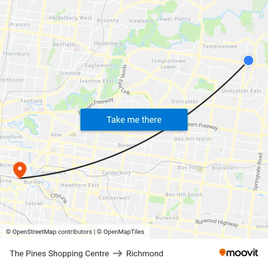 The Pines Shopping Centre to Richmond map