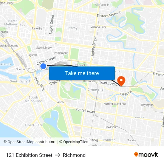 121 Exhibition Street to Richmond map